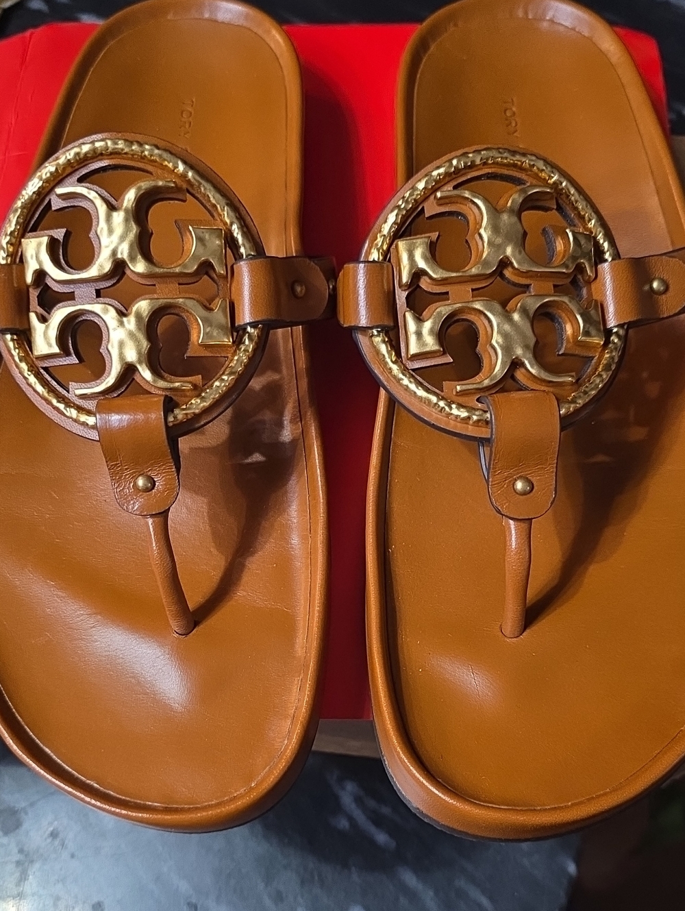 Tory Burch Tan Leather Logo Thong Sandals with Gold Emblem